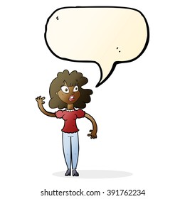 cartoon worried woman waving with speech bubble