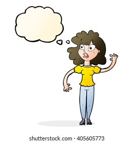 cartoon worried woman waving with thought bubble