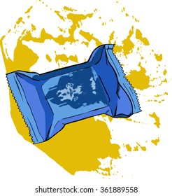 Cartoon wrapped candy. Blue sweet on white background with yellow brushstrokes. Hand drawn vector illustration.
