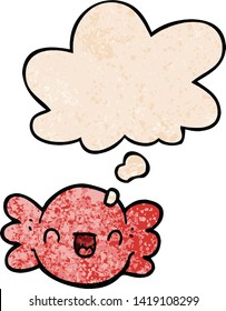 cartoon wrapped candy with thought bubble in grunge texture style