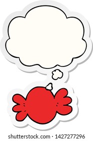 caricatura envuelta caramelo con burbuja de pensamiento como pegatina impresa