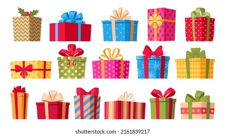 Cartoon wrapped Christmas gift boxes, xmas surprises, winter holidays presents. Holiday greeting, birthday or xmas present boxes vector symbols illustrations set. Gift boxes collection