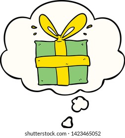 regalo envuelto en dibujos animados con burbuja de pensamiento