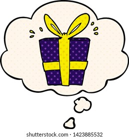 cartoon wrapped gift with thought bubble in comic book style