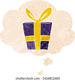 regalo envuelto en dibujos animados con burbuja de pensamiento en un estilo retro angustiado