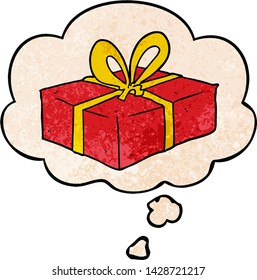 regalo envuelto en dibujos animados con burbuja de pensamiento al estilo de textura gruesa