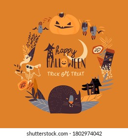 Cartoon wreath with Halloween elements and characters