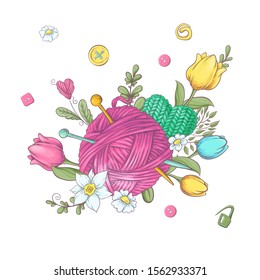 Cartoon wreath of knitted elements and accessories and spring flowers. Hand drawing. Vector illustration