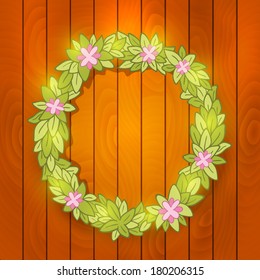 Cartoon wreath on wood wall. Vector background