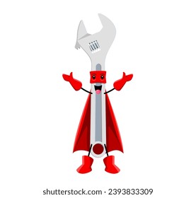 Cartoon wrench tool superhero character. Isolated vector defender fixes problems and battles evil with mechanical prowess, tightens troubles away, unscrewing villains with ease. Ready to fix the day