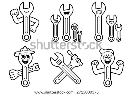 Cartoon wrenches with faces and arms spanner tool
