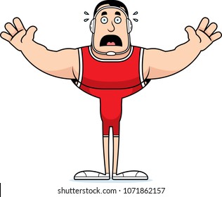 A cartoon wrestler looking scared.