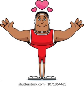 A cartoon wrestler ready to give a hug.