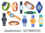 Cartoon wristwatches. Expensive clock for fashion womans and mens, trendy wrist watch pointer on display, luxury accessories female hand smart wristwatch, vector illustration of fashion wristwatch