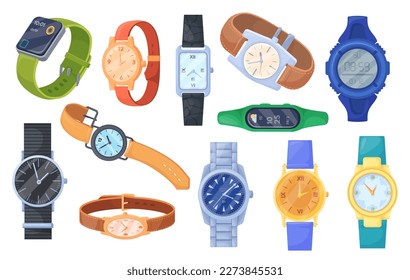 Cartoon wristwatches. Expensive clock for fashion womans and mens, trendy wrist watch pointer on display, luxury accessories female hand smart wristwatch, vector illustration of fashion wristwatch