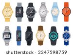 Cartoon wristwatches. Gold and silver hand clocks, quartz analog and electronic watch accessories flat vector illustration set. Vintage classic wristwatches collection