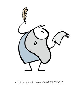 Cartoon writer with a long gray beard holds a bird's feather and writes on a piece of paper. Vector illustration of an ancient poet composing a novel. Creativity and inspiration.