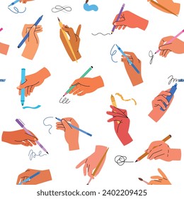 Cartoon writing and drawing hands. Human arms with different office supplies, pencils, brushes and calligraphy pen, vector seamless pattern.eps
