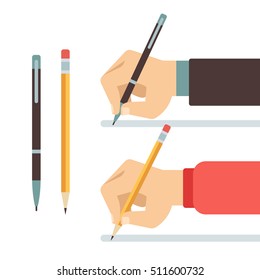 Cartoon Writing Hands With Pen And Pencil Flat Vector Illustration. Writing With Pencil Or Pen. Hand Hold Pen And Write