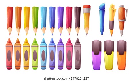 Cartoon writing utensils for school. Multicolored pencils, simple pencil, wax crayons, pens and highlighters. Vector elements on white background