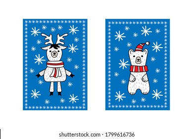 Cartoon xmas card with deer and bear. Christmas symbol. Vector stock illustration. EPS 10