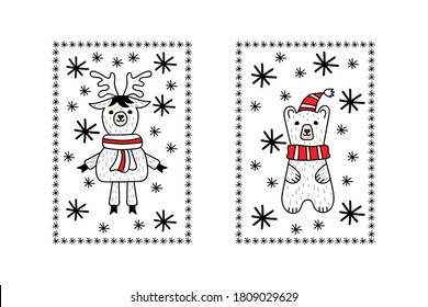 Cartoon xmas card with deer and bear. Christmas symbol. Vector stock illustration. EPS 10