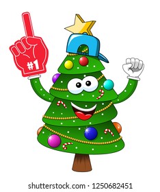 Cartoon xmas christmas tree exulting number one glove supporter fan isolated