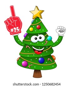 Cartoon xmas christmas tree exulting number 25 glove supporter fan isolated