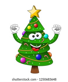 Cartoon xmas christmas tree exulting happiness isolated