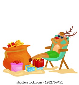 Cartoon xmas deer resting in chair with bag full of presents