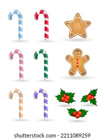 Cartoon Xmas food: candy cane, gingerbread man, gingerbread star, holly berries. Christmas traditional cookies, sweets and berries (ilex, poinsettia, mistletoe) isolated on white background