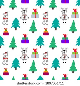 Cartoon xmas seamless pattern with deer and bear isolated onwhite. Christmas symbol. Vector stock illustration. EPS 10