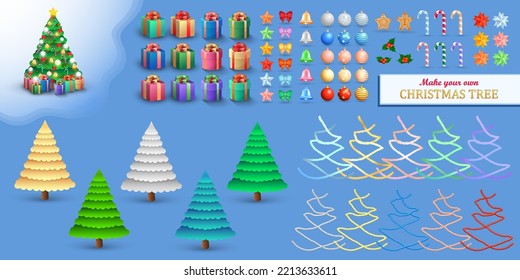 Cartoon Xmas tree creation kit. Set of holiday decorations -  trees, tinsel, gifts, balls, stars, candies, gingerbread, berries, bows. Different decorations for Christmas pine.