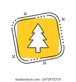 Cartoon xmas tree decoration icon vector illustration. Christmas tree on isolated yellow square background. Winter sign concept.