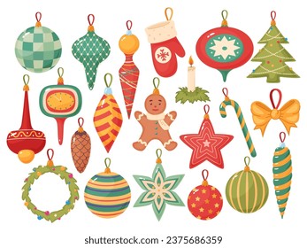 Cartoon Xmas tree toys. New Year decorations with ornaments. Different shapes of Christmas balls. Colorful glass icicles and stars. Winter holiday. Conifer wreath. Recent