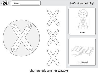 Cartoon x-ray boy and xylophone. Alphabet tracing worksheet: writing A-Z, coloring book and educational game for kids
