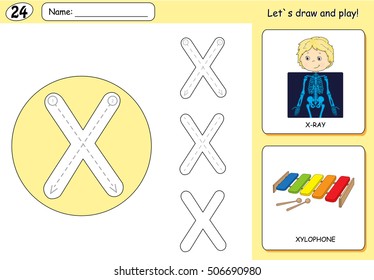 Cartoon x-ray boy and xylophone. Alphabet tracing worksheet: writing A-Z, coloring book and educational game for kids