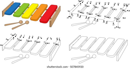 Cartoon xylophone. Coloring book and dot to dot educational game for kids