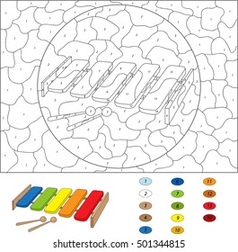 Cartoon xylophone coloring book isolated on white. Color by number educational game for kids. Illustration for schoolchild and preschool