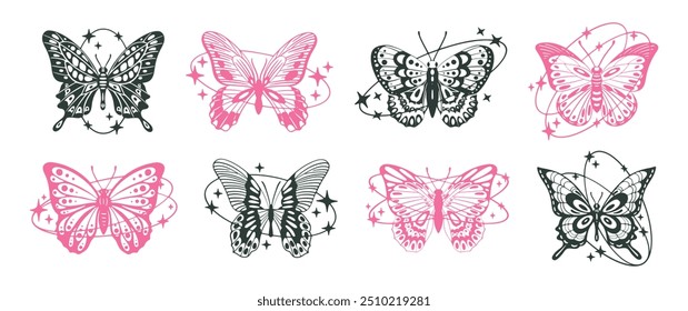 Mariposas de dibujos animados y2k. Abstractas insectos voladores estéticos Y2K, mariposas tropicales con Formas ovaladas con estrellas y Ilustraciones vectoriales planas de decoración brillante. Colección de mariposas de moda