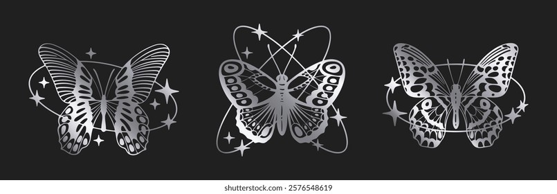 Cartoon y2k butterfly. Abstract silver y2k aesthetic flying insect, shiny foil butterfly silhouettes flat vector illustration. Butterfly decor