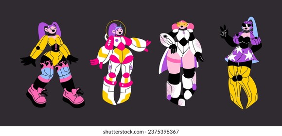 Cartoon y2k characters girls robots of the future in the style of the 90s. Futuristic heroes in spacesuits, iron suits, future technologies, digital machines