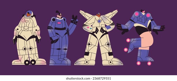 Cartoon y2k characters robots of the future in the style of the 90s. Heroes in spacesuits, iron suits, future technologies, digital machines.