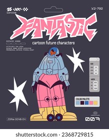 Cartoon y2k characters robots of the future in the style of the 90s. Heroes in spacesuits, iron suits, future technologies, digital machines. Memphis frame poster