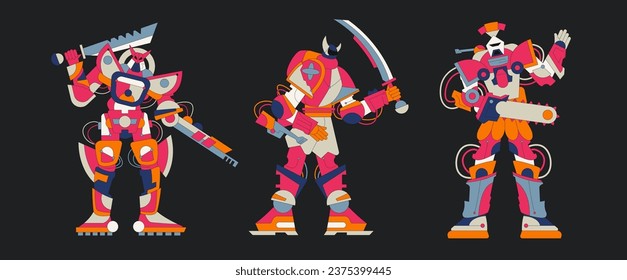  Cartoon y2k characters robots of the future in the style of the 90s. Heroes in spacesuits, iron suits, future technologies, digital machines.