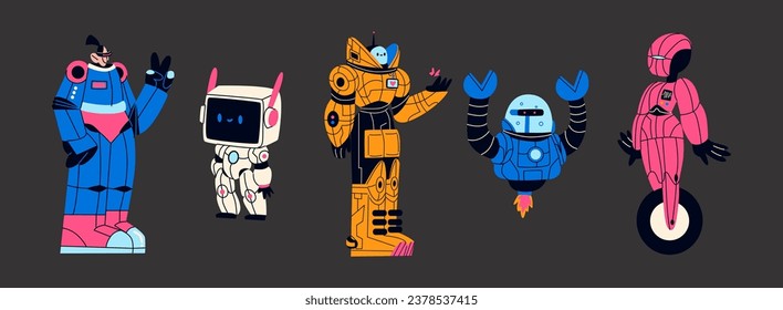  Cartoon y2k characters robots of the future in the style of the 90s. Futuristic heroes in spacesuits, iron suits, future technologies, digital assistant machines