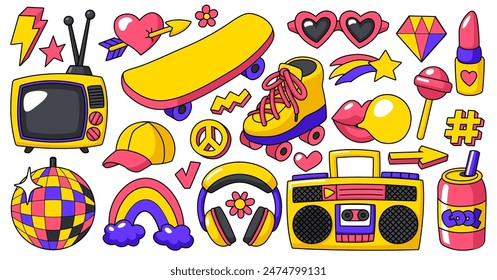 Cartoon y2k elements collection. Big retro sticker pack. Bright vector illustration. Pop-art stickers.