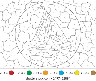 Cartoon yacht. Addition and subtraction tasks. Color by number educational game for kids