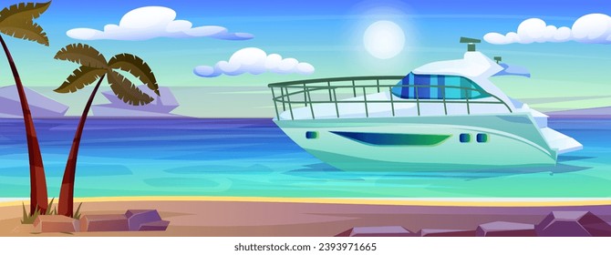 Cartoon yacht with closed cabin. Blue ocean. Sea, marine ship. Nautical transport. Island beach, coast with palm. Summer vacation. Holiday cruise, adventure journey. Vector illustration