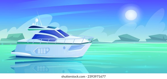 Cartoon yacht with closed cabin. Blue ocean. Sea, marine ship. Nautical transport. Summer vacation. Holiday cruise, adventure journey. Vector illustration